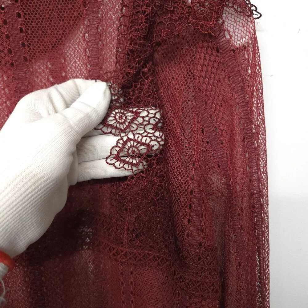 Zara Sheer Lace Blouse S Smocked Ruffle Burgundy Red Boho Romantic Whimsigoth - Picture 7 of 15